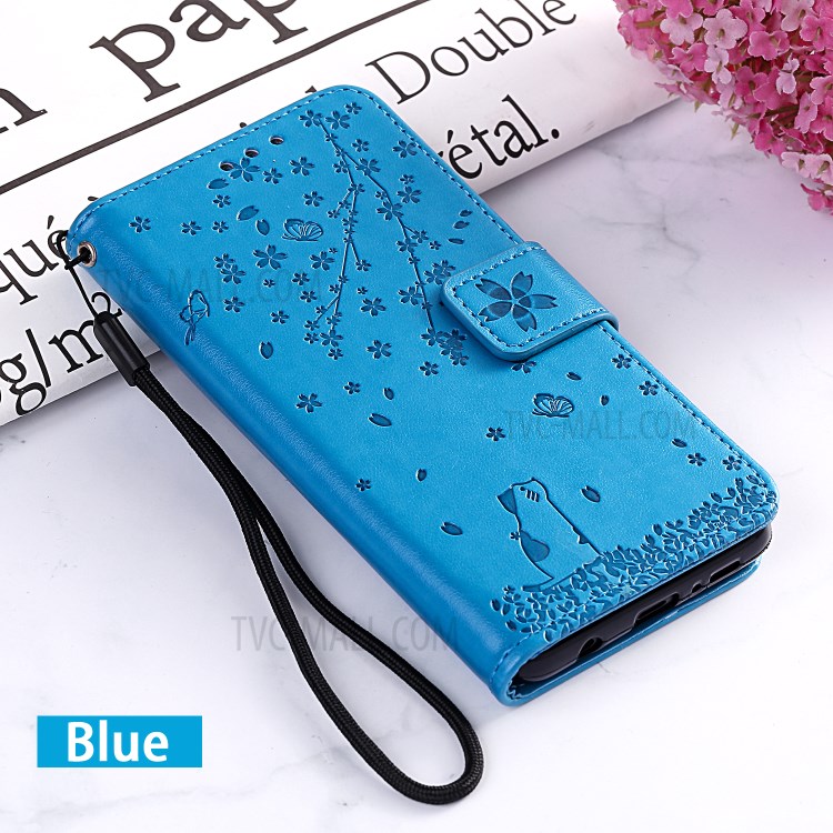 Imprint Sakura Cat Leather with Wallet Shell for iPhone 12 mini - Blue-8