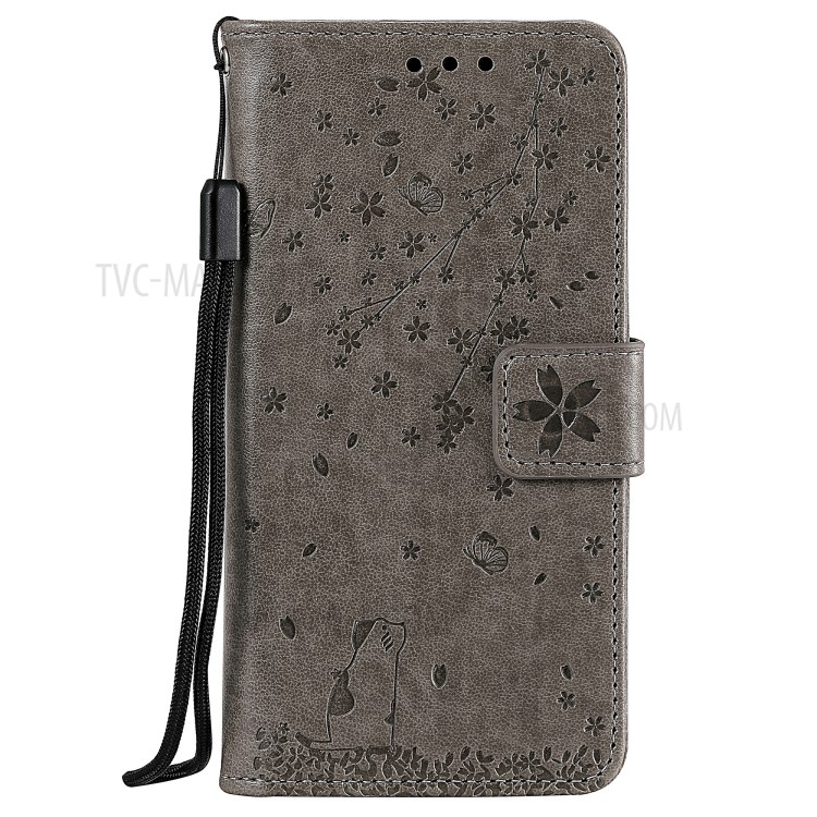 Imprint Sakura Cat Leather with Wallet Stylish Case for iPhone 12 Max/12 Pro 6.1 inch - Grey-2