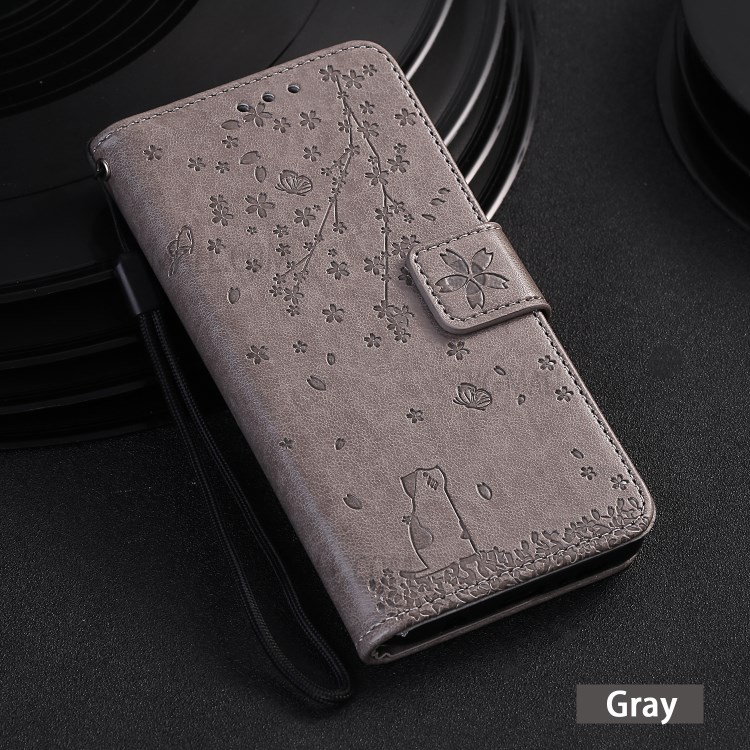 Imprint Sakura Cat Leather with Wallet Stylish Case for iPhone 12 Max/12 Pro 6.1 inch - Grey-7