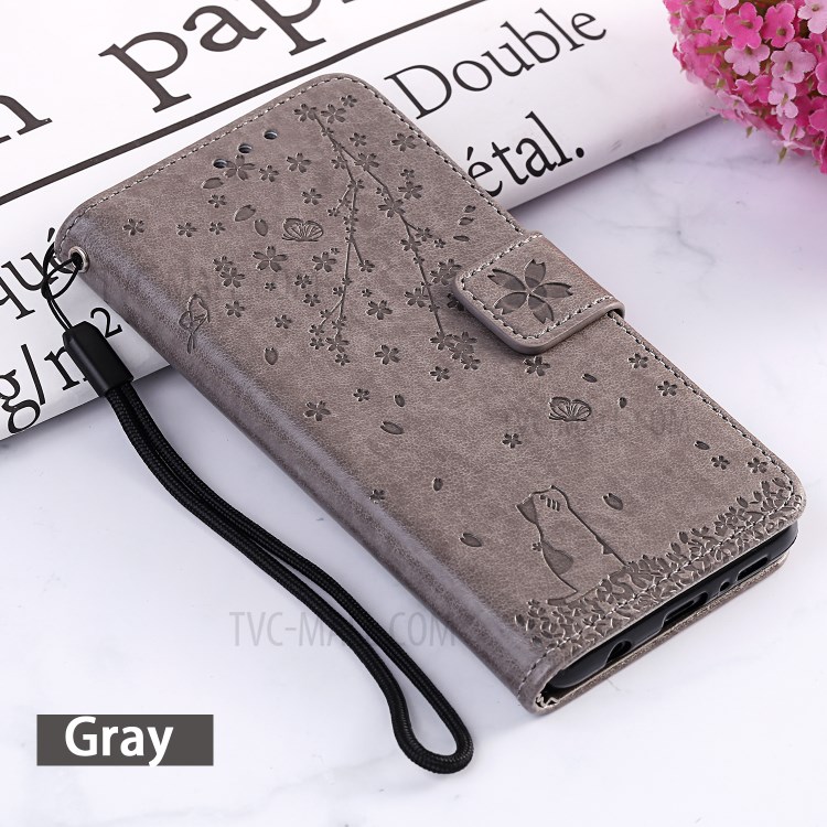 Imprint Sakura Cat Leather with Wallet Stylish Case for iPhone 12 Max/12 Pro 6.1 inch - Grey-8