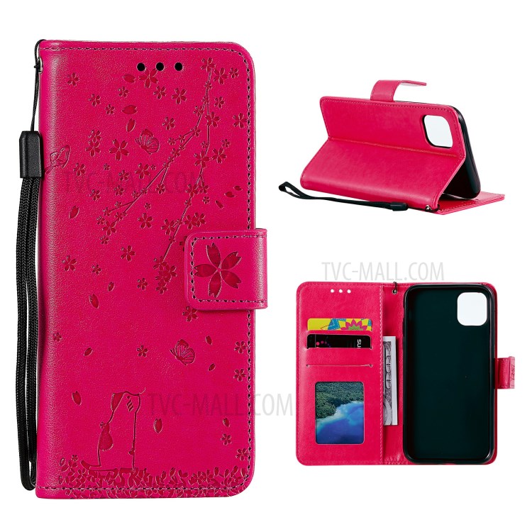 Imprint Sakura Cat Leather with Wallet Stylish Case for iPhone 12 Pro/12 - Rose-1