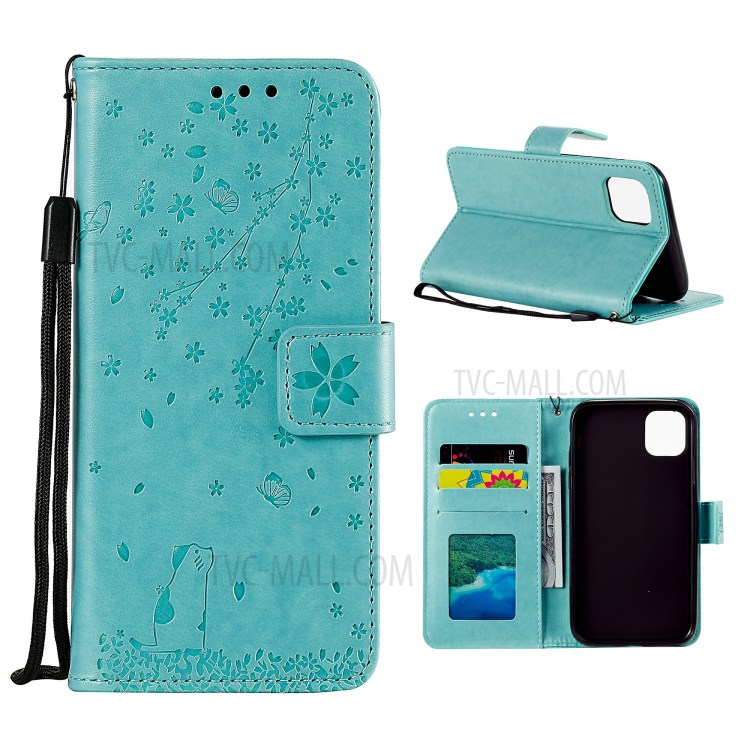 Imprint Sakura Cat Leather with Wallet Stylish Case for iPhone 12 Pro/12 - Green-1