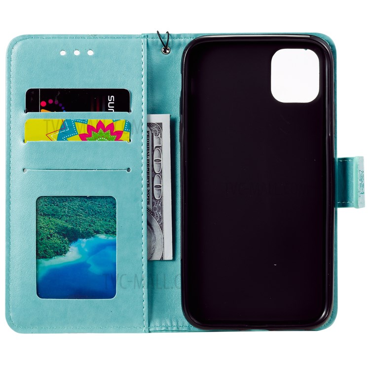 Imprint Sakura Cat Leather with Wallet Stylish Case for iPhone 12 Pro/12 - Green-4