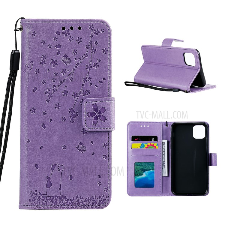 Imprint Sakura Cat Leather with Wallet Stylish Case for iPhone 12 Pro/12 - Purple-1