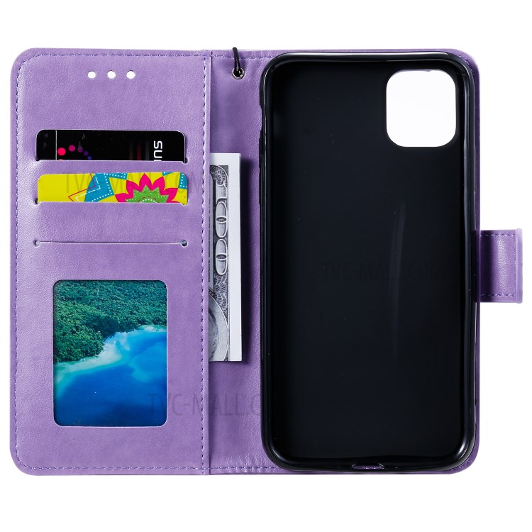 Imprint Sakura Cat Leather with Wallet Stylish Case for iPhone 12 Pro/12 - Purple-4