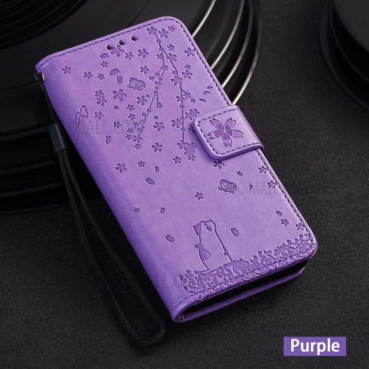 Imprint Sakura Cat Leather with Wallet Stylish Case for iPhone 12 Pro/12 - Purple-7