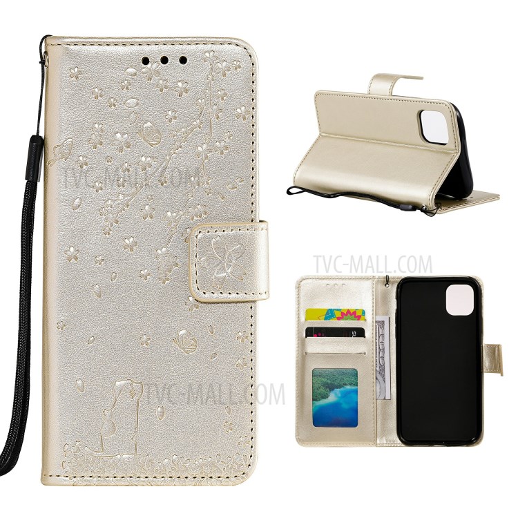 Sakura Cat Imprint Skin Leather Cover for iPhone 12 Pro Max 6.7 inch - Gold-1
