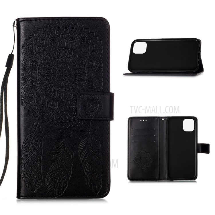 Imprint Flower Dream Catcher Leather Mobile Phone Case for iPhone 12 Pro Max 6.7 inch - Black-1