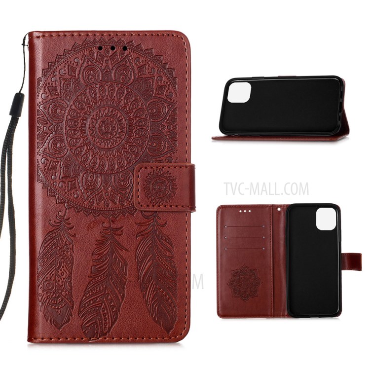 Imprint Flower Dream Catcher Leather Mobile Phone Case for iPhone 12 Pro Max 6.7 inch - Brown-1