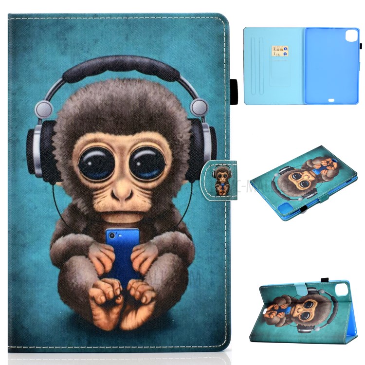 Pattern Printing Leather Card Holder Tablet Shell for iPad Air (2020) - Monkey with Headsets-1