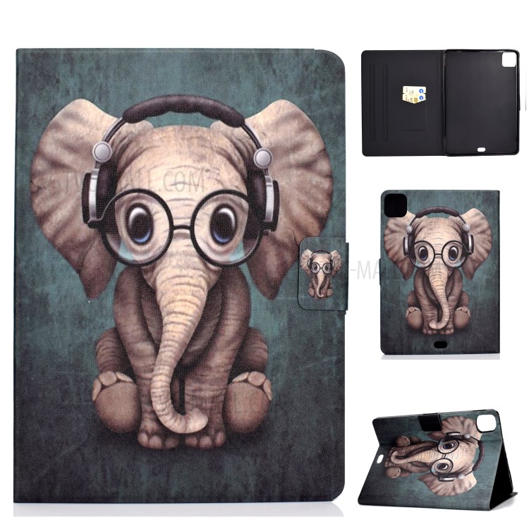 Pattern Printing Leather Stand Tablet Case for iPad Air (2020) - Elephant with Headphones-1