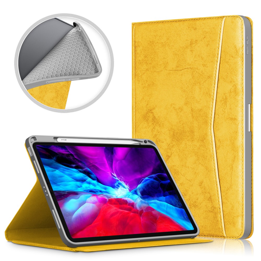 Front Pocket Stand PU Leather Case Tablet Cover with Pen Slot for iPad Air (2020)/Air (2022) - Yellow