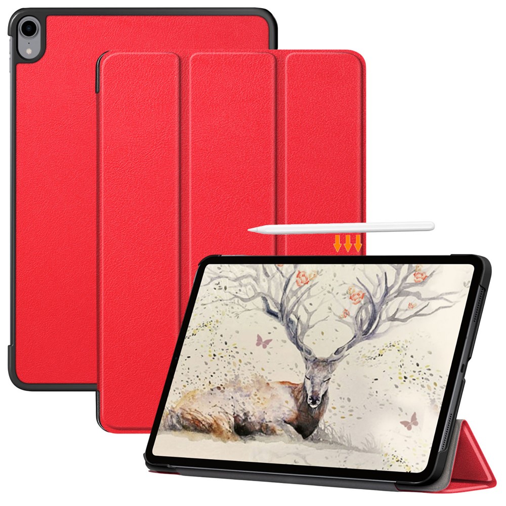 Litch Skin PU Leather Tri-fold Stand Smart Tablet Case for iPad Air (2020) - Red-1