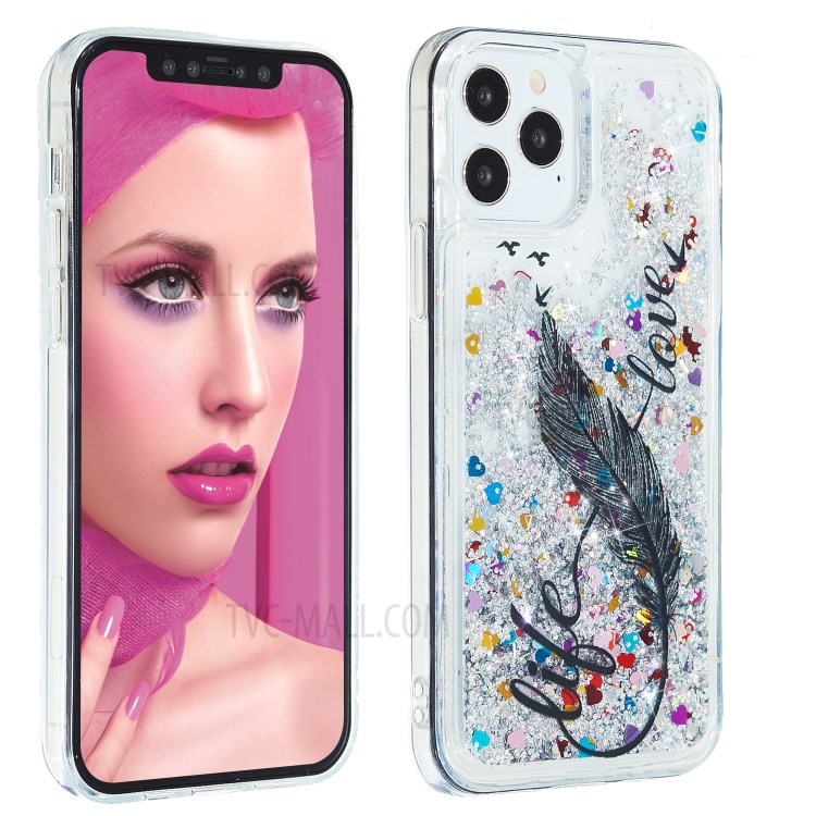 Stylish Pattern Glitter Powder Quicksand TPU Shell Phone Case for iPhone 12 Max/Pro 6.1 inch - Feather-2