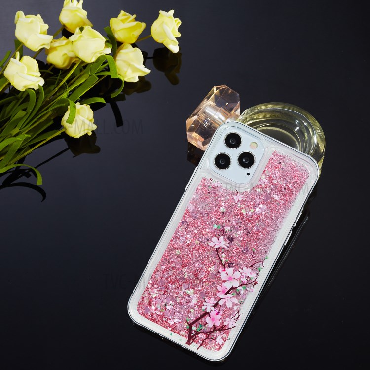 Stylish Pattern Glitter Powder Quicksand TPU Shell Phone Case for iPhone 12 Pro/12 - Pink Flower-4