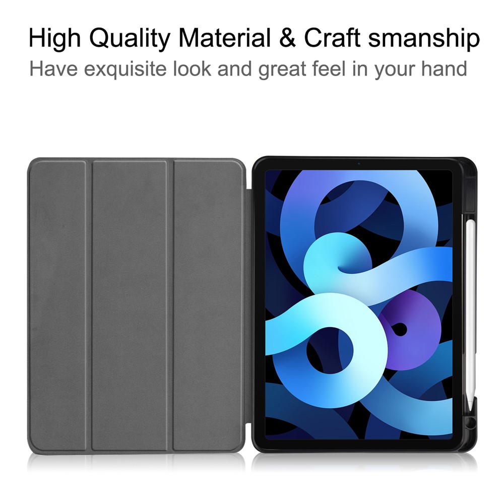 Litch Skin PU Leather Tri-fold Stand Tablet Cover Smart Case with Pen Slot for Apple iPad Air (2020) - Black-12
