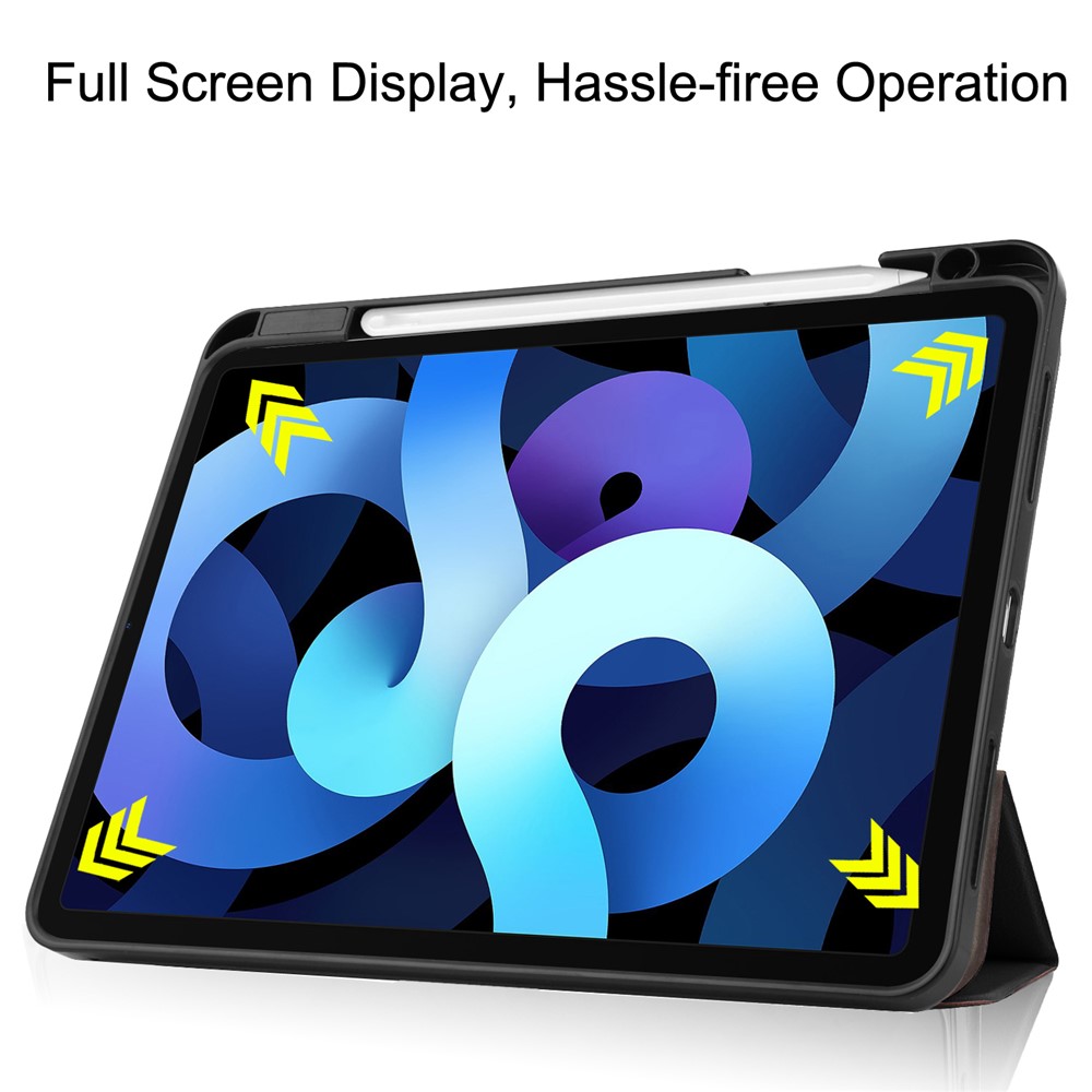 Litch Skin PU Leather Tri-fold Stand Tablet Cover Smart Case with Pen Slot for Apple iPad Air (2020) - Black-5