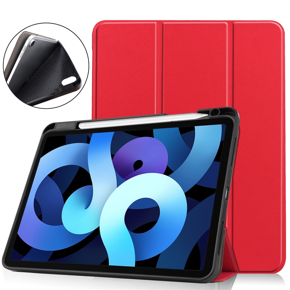 Litch Skin PU Leather Tri-fold Stand Tablet Cover Smart Case with Pen Slot for Apple iPad Air (2020) - Red-1
