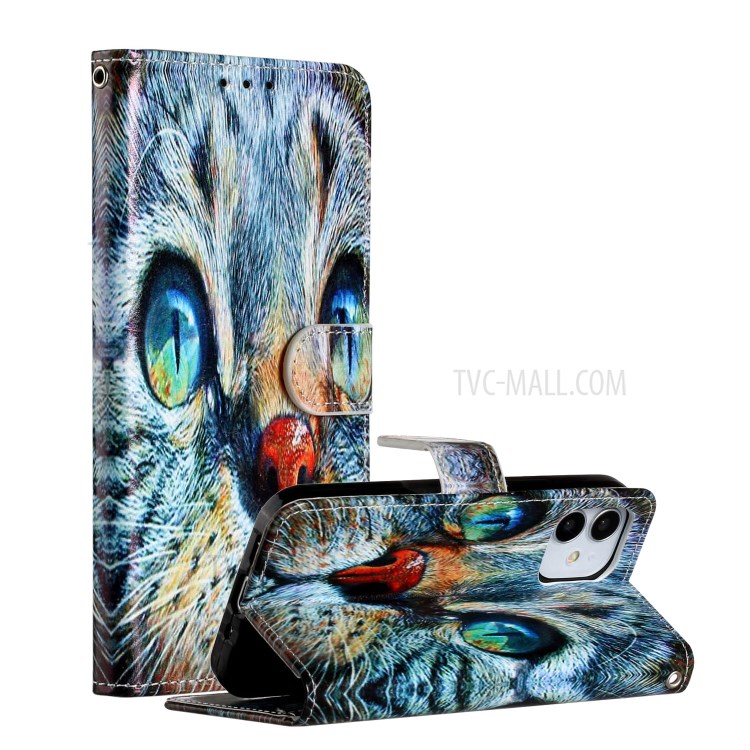 New Pattern Printing Leather Wallet Stand Phone Cover for iPhone 12 mini - Blue Cat-1