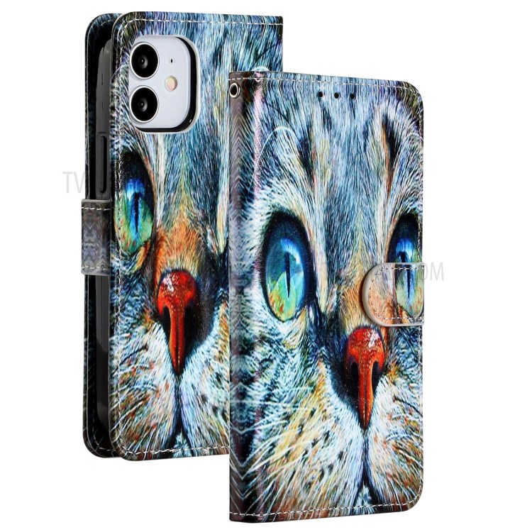 New Pattern Printing Leather Wallet Stand Phone Cover for iPhone 12 mini - Blue Cat-2