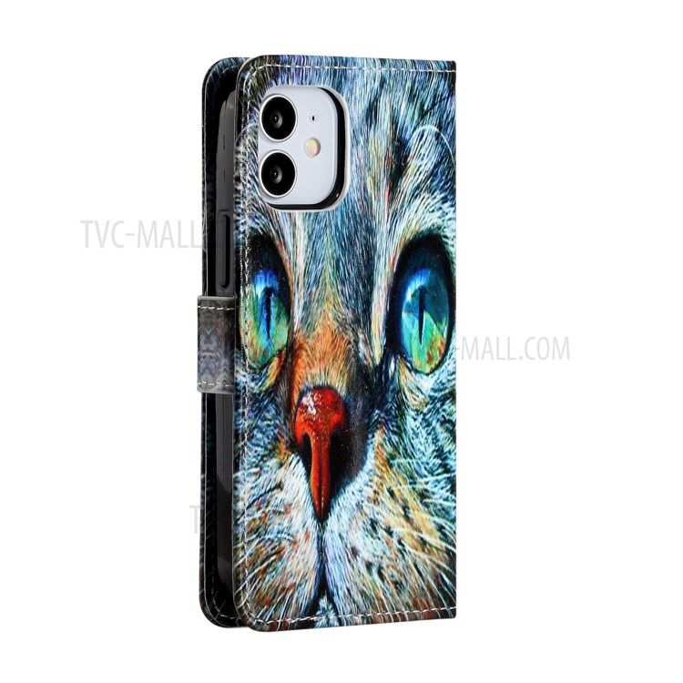 New Pattern Printing Leather Wallet Stand Phone Cover for iPhone 12 mini - Blue Cat-4