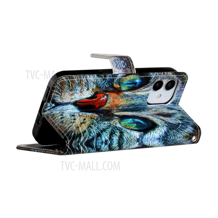 New Pattern Printing Leather Wallet Stand Phone Cover for iPhone 12 mini - Blue Cat-5