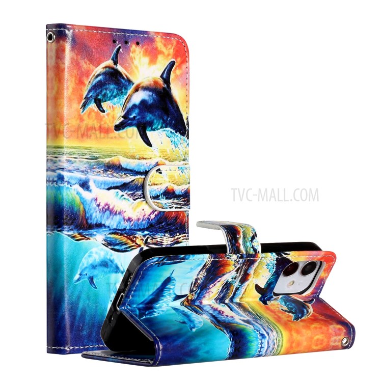 New Pattern Printing Leather Wallet Stand Phone Cover for iPhone 12 mini - Dolphin-1