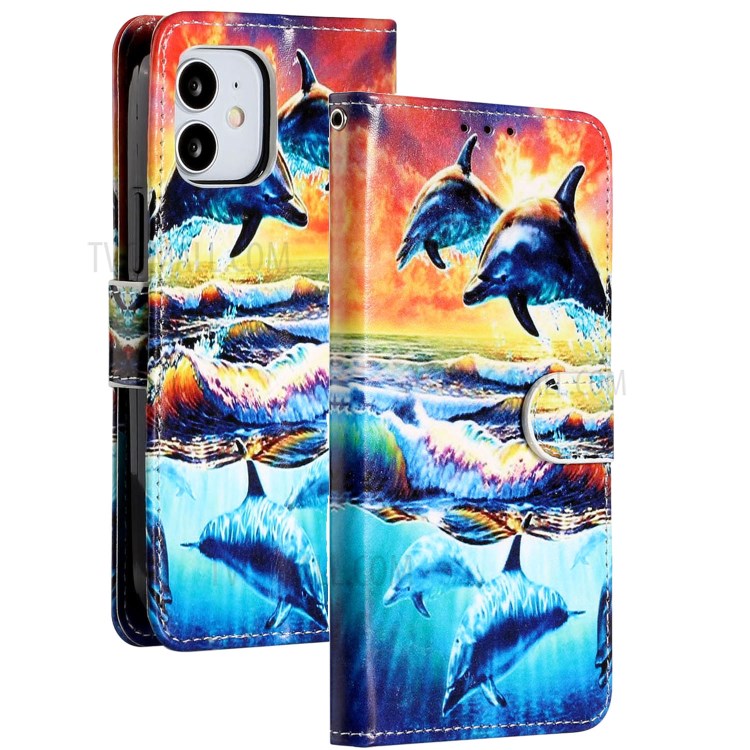 New Pattern Printing Leather Wallet Stand Phone Cover for iPhone 12 mini - Dolphin-2