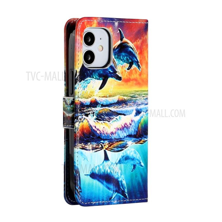 New Pattern Printing Leather Wallet Stand Phone Cover for iPhone 12 mini - Dolphin-4