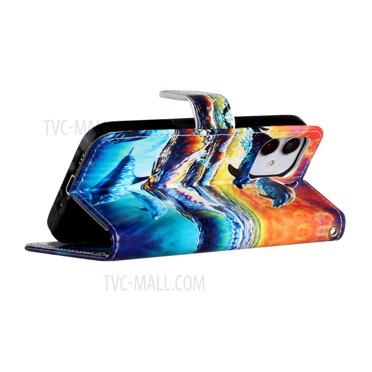 New Pattern Printing Leather Wallet Stand Phone Cover for iPhone 12 mini - Dolphin-5