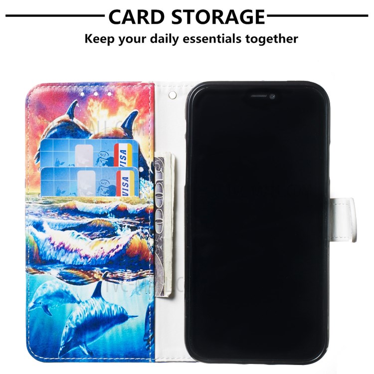 New Pattern Printing Leather Wallet Stand Phone Cover for iPhone 12 mini - Dolphin-6