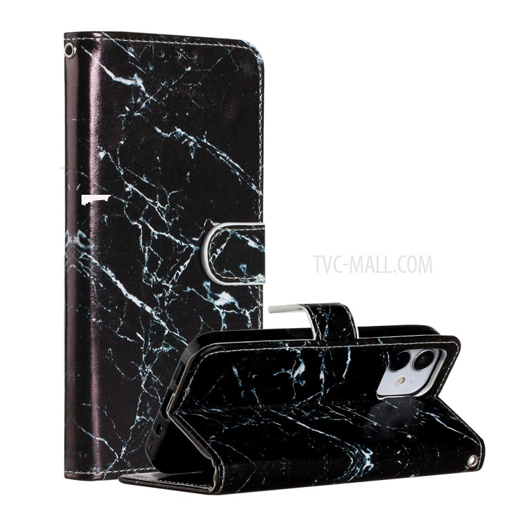 New Pattern Printing Leather Wallet Stand Phone Cover for iPhone 12 mini - Black Marble Grain-1