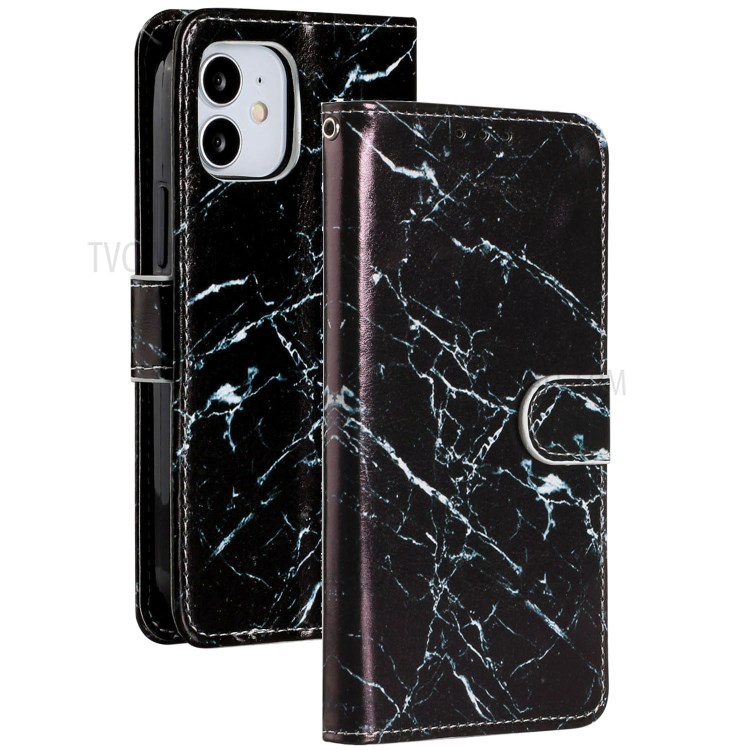 New Pattern Printing Leather Wallet Stand Phone Cover for iPhone 12 mini - Black Marble Grain-2