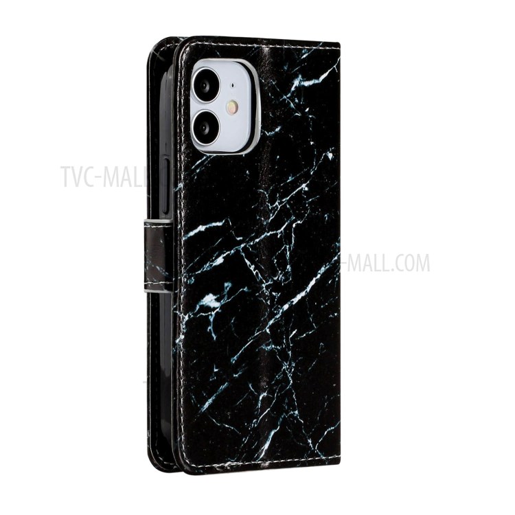 New Pattern Printing Leather Wallet Stand Phone Cover for iPhone 12 mini - Black Marble Grain-4