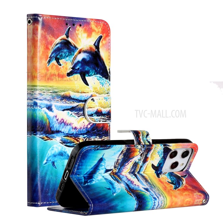 New Pattern Printing Leather Protector Wallet Stand Phone Case for iPhone 12 Pro Max 6.7 inch - Dolphin-1