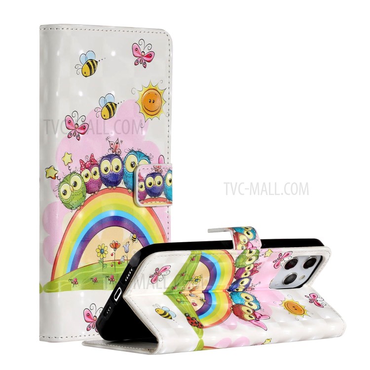 Light Spot Decor Patterned Leather Wallet Stylish Case for iPhone 12 Pro/12 - Rainbow and Owls-1