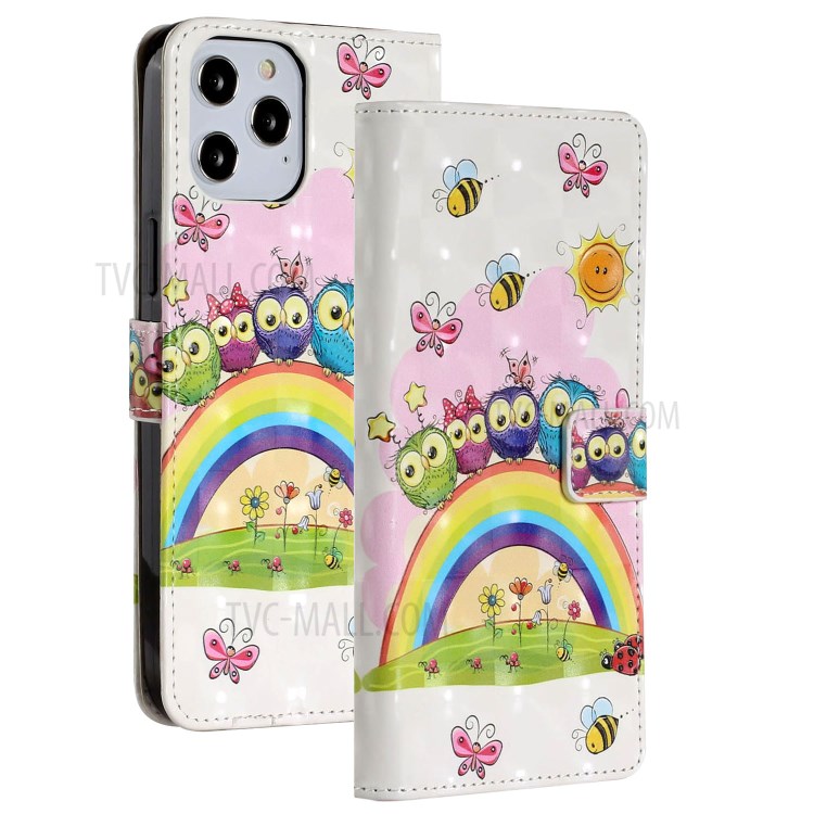Light Spot Decor Patterned Leather Wallet Stylish Case for iPhone 12 Pro/12 - Rainbow and Owls-2