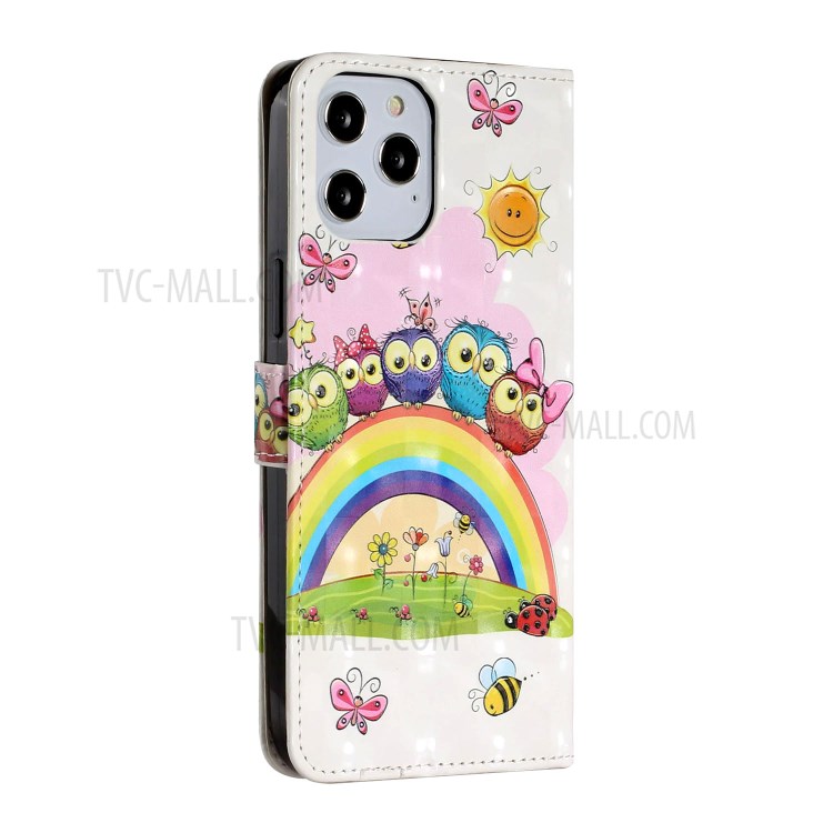 Light Spot Decor Patterned Leather Wallet Stylish Case for iPhone 12 Pro/12 - Rainbow and Owls-4