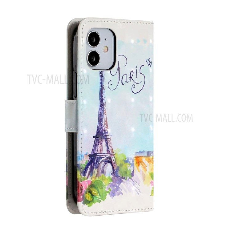 Light Spot Decor Patterned Phone Cover Leather Wallet Case for iPhone 12 5.4 inch - Eiffel Tower-4