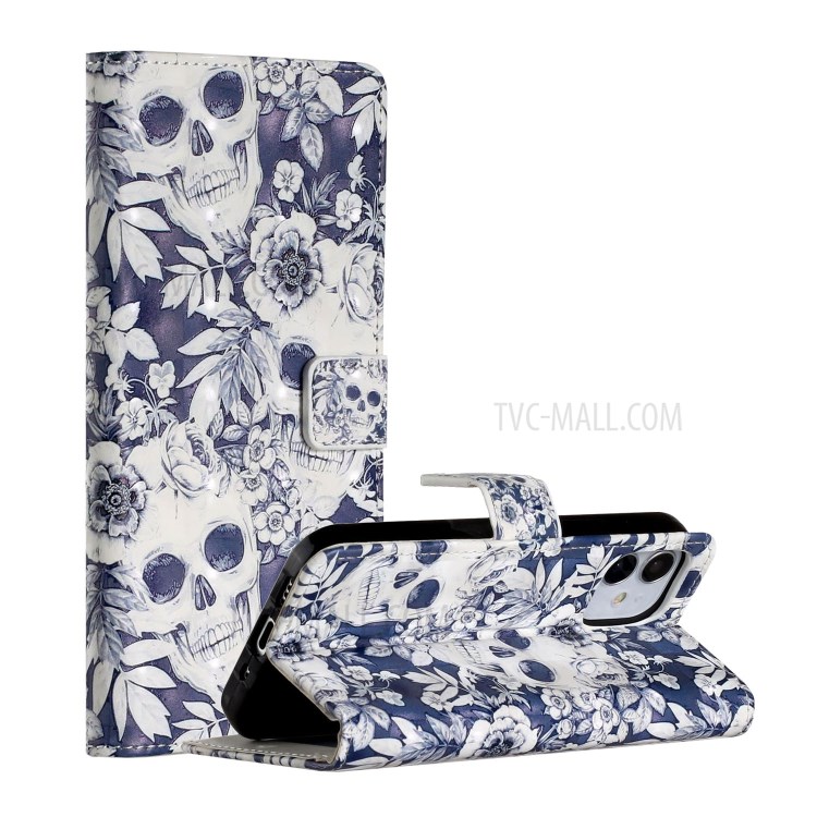Light Spot Decor Patterned Phone Cover Leather Wallet Case for iPhone 12 mini - Skull-1