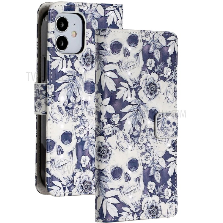 Light Spot Decor Patterned Phone Cover Leather Wallet Case for iPhone 12 mini - Skull-2