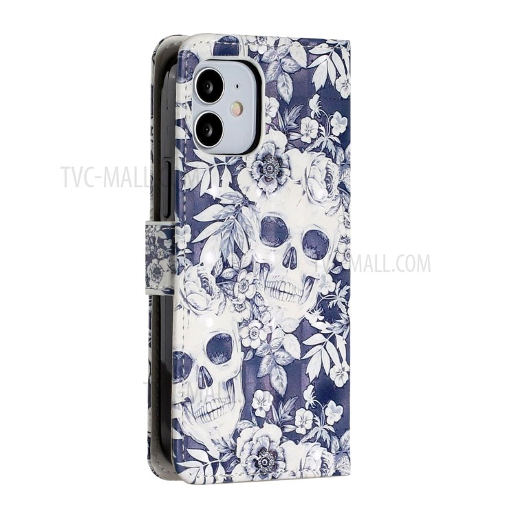 Light Spot Decor Patterned Phone Cover Leather Wallet Case for iPhone 12 mini - Skull-4