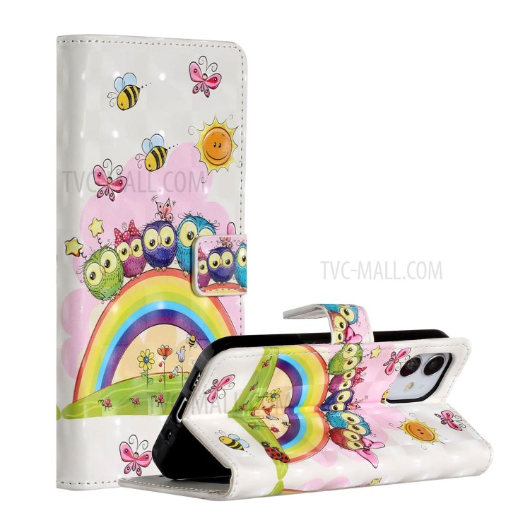Light Spot Decor Patterned Phone Cover Wallet Leather Case for iPhone 12 Pro Max 6.7 inch - Rainbow and Owls-1