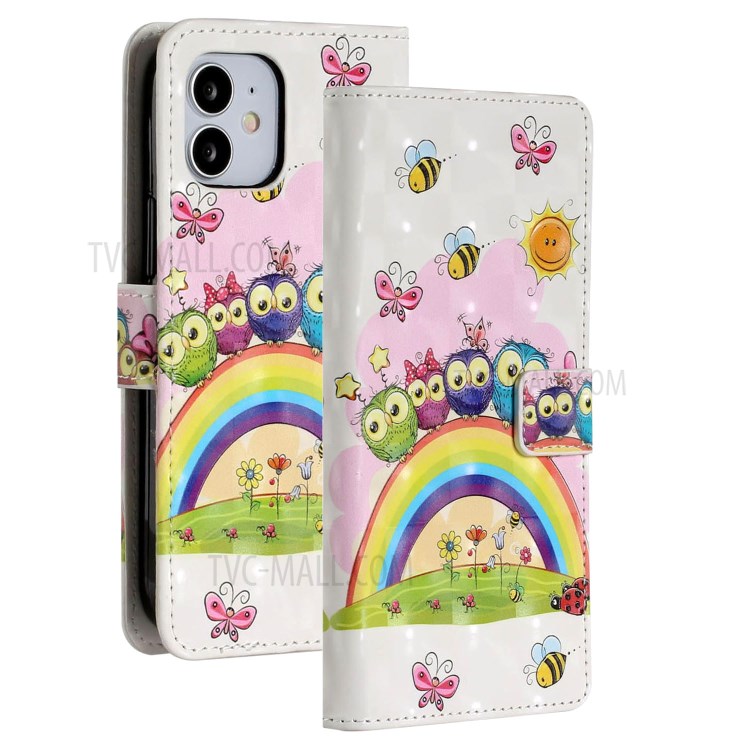 Light Spot Decor Patterned Phone Cover Wallet Leather Case for iPhone 12 Pro Max 6.7 inch - Rainbow and Owls-2