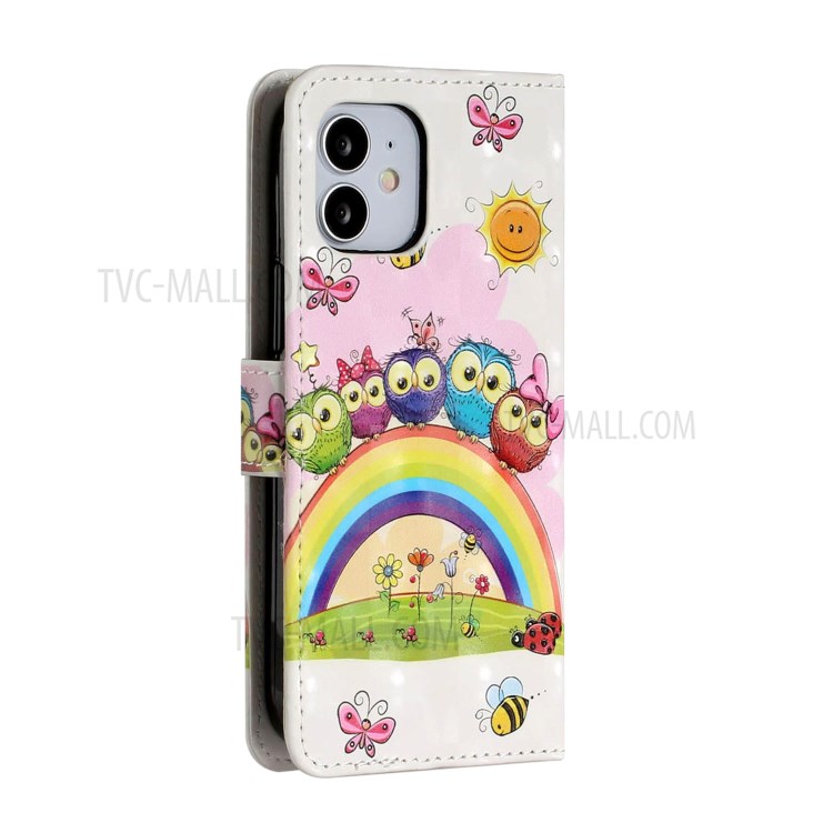 Light Spot Decor Patterned Phone Cover Wallet Leather Case for iPhone 12 Pro Max 6.7 inch - Rainbow and Owls-4