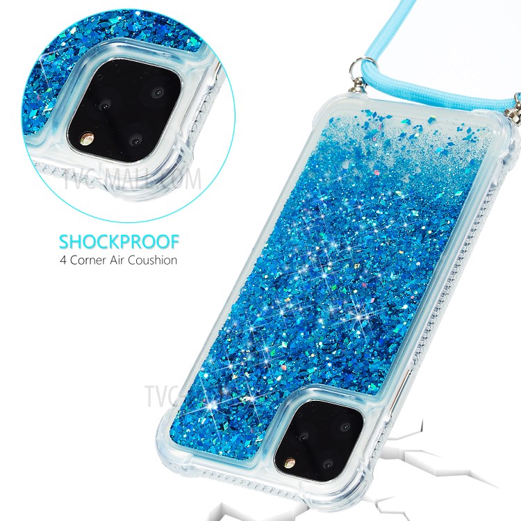 Glitter Powder Skin Quicksand TPU Back Case with Lanyard for iPhone 11 Pro 5.8 inch - Blue-4