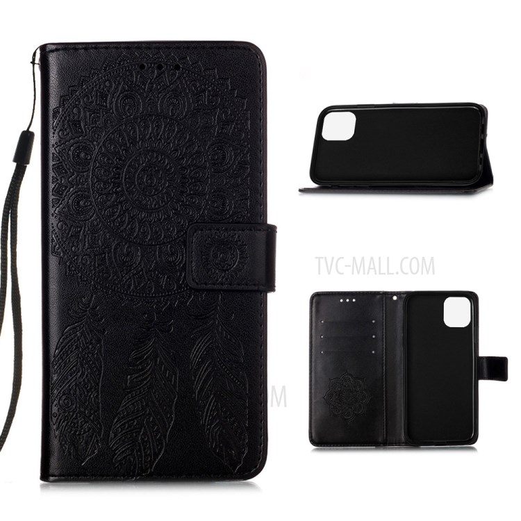 Dream Catcher Flower Imprinted Magnetic Leather Cover for iPhone 12 Pro/12 - Black-1