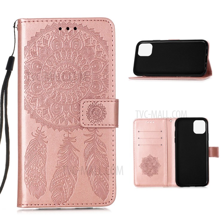 Dream Catcher Flower Imprinted Magnetic Leather Cover for iPhone 12 Pro/12 - Rose Gold-1