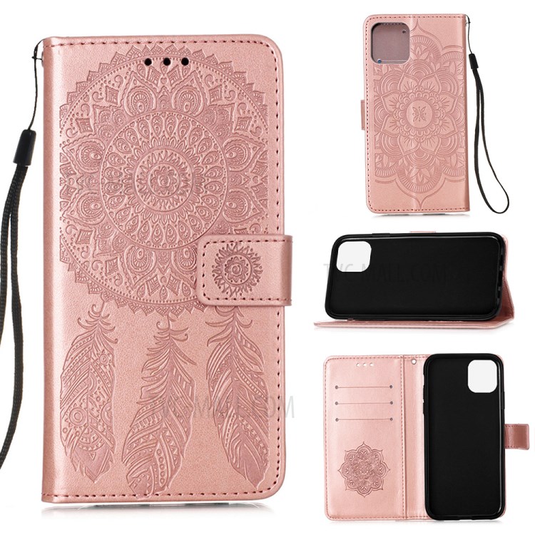 Imprinted Dream Catcher Flower Leather Shell for iPhone 12 mini - Rose Gold-1