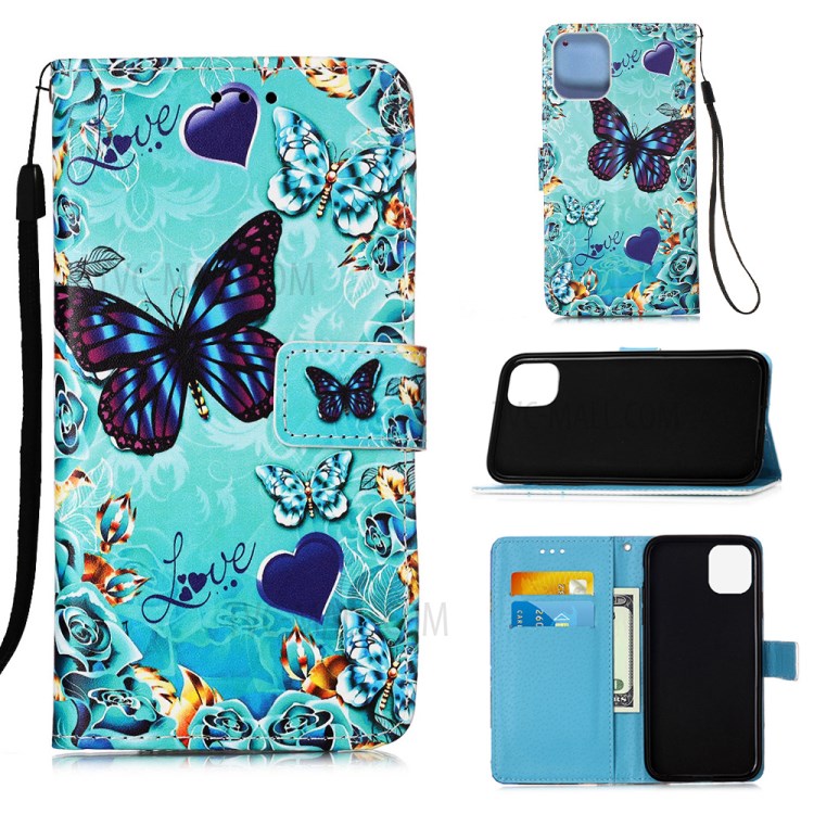 Pattern Printing with Wallet Leather Cover for iPhone 12 Pro/12 - Blue Butterfly-1